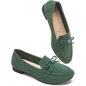 Women's Dark Green Faux Suede Slip on Casual Loafers Bow Ballet Flats Shoes